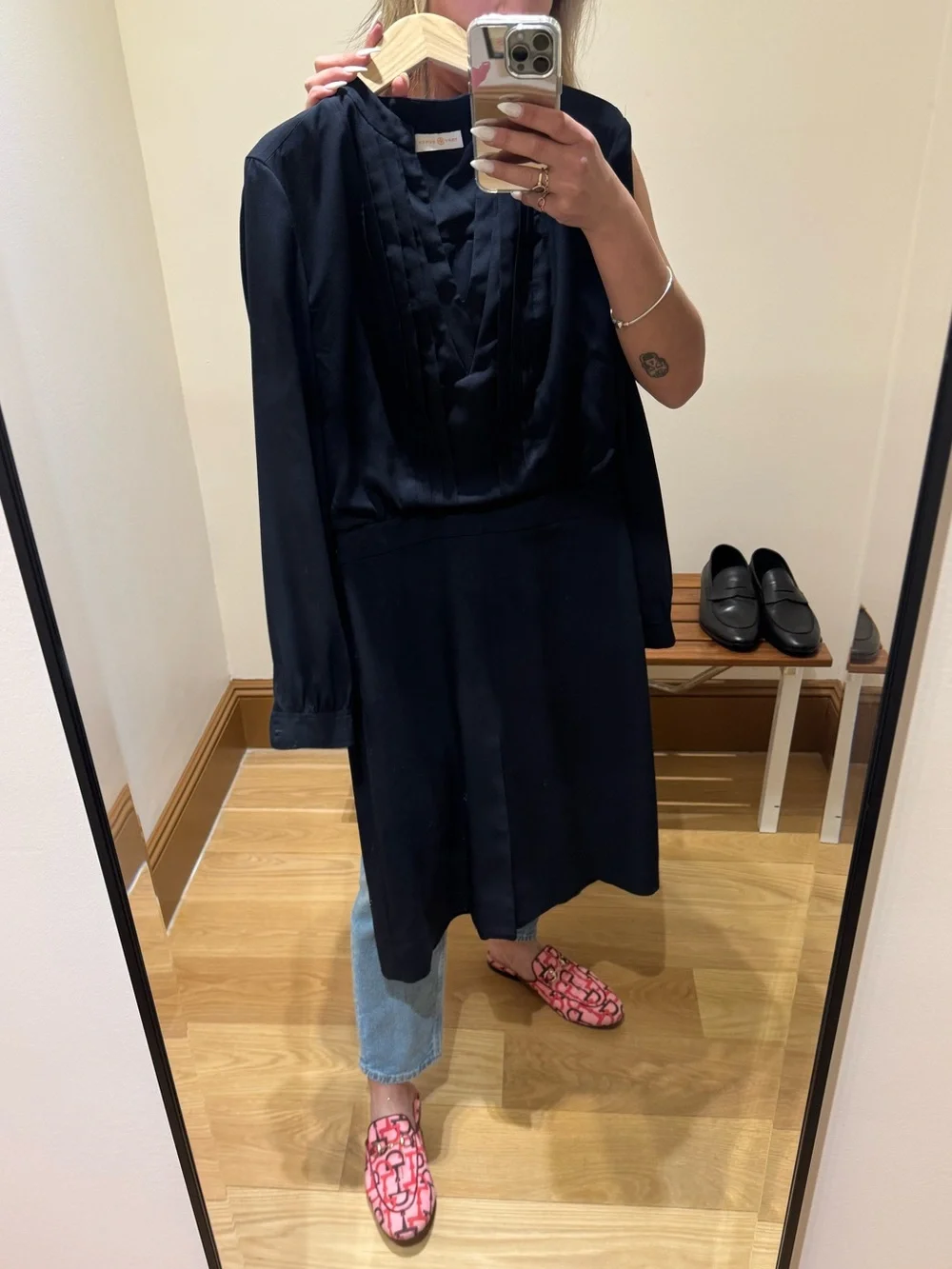 Tory Burch Navy Long-Sleeve Pintuck V-Neck Dress